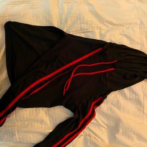Black crop drawstring hoodie with red detailing